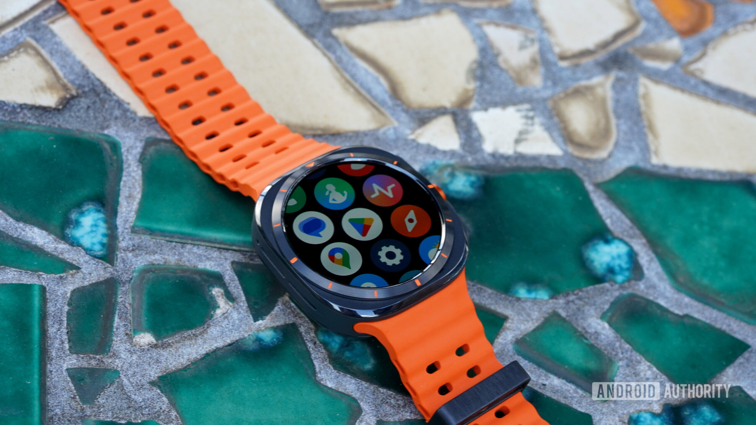 Samsung Galaxy Watch Ultra Wear OS A Samsung Galaxy Watch Ultra Wear displays a users app library.