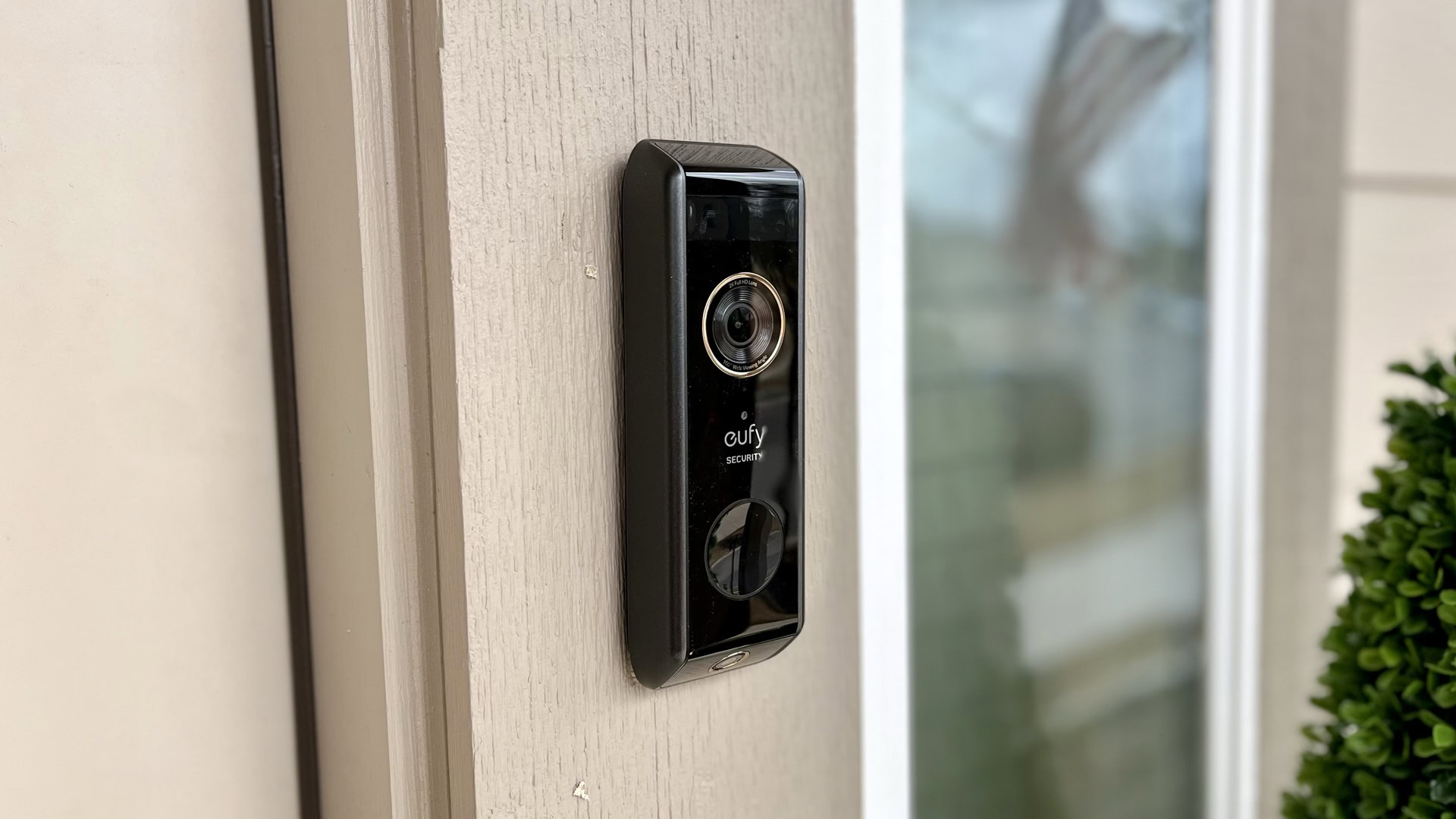 The Eufy Video Doorbell Dual mounted on a doorframe The Eufy Video Doorbell Dual mounted on a doorframe